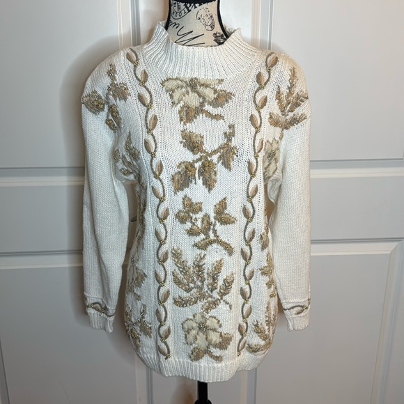 Talbots Sweaters - Vintage Talbots Hand Knit Beaded Floral‎ Sweater Ivory Mock Neck Size S